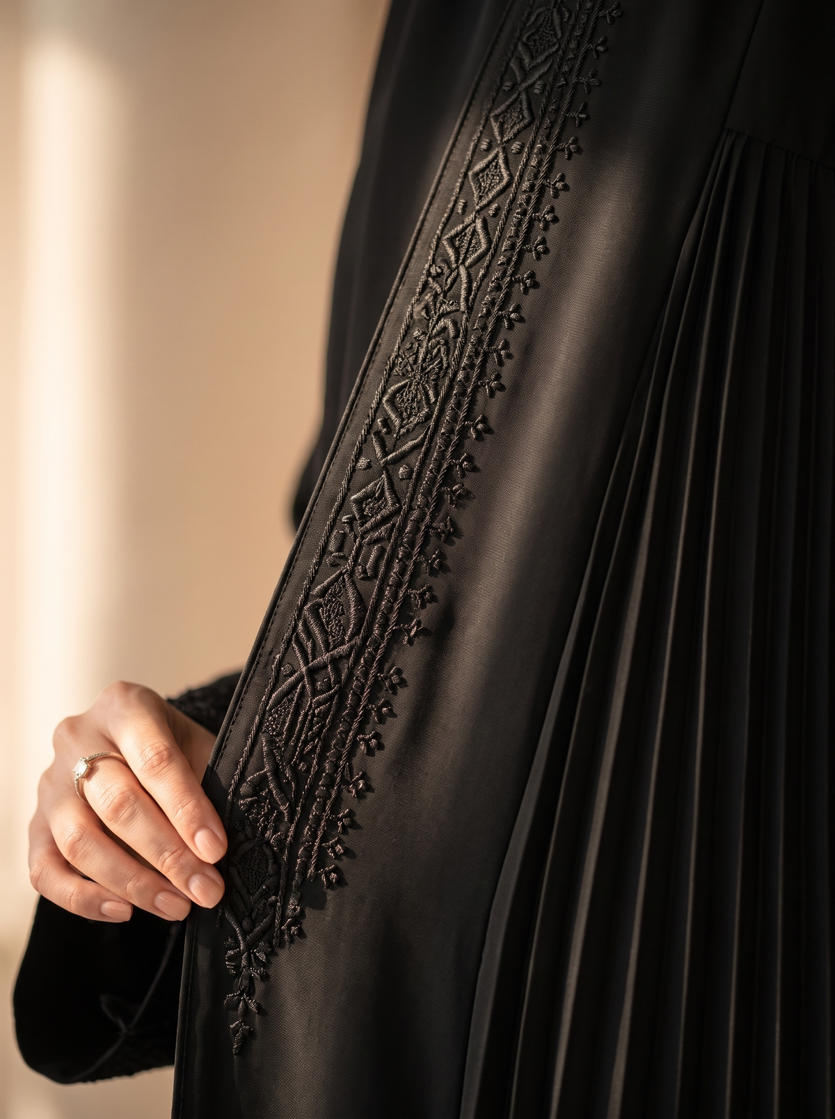Nooraya Aria — Black Pleated Abaya with Tone-on-Tone Embroidery