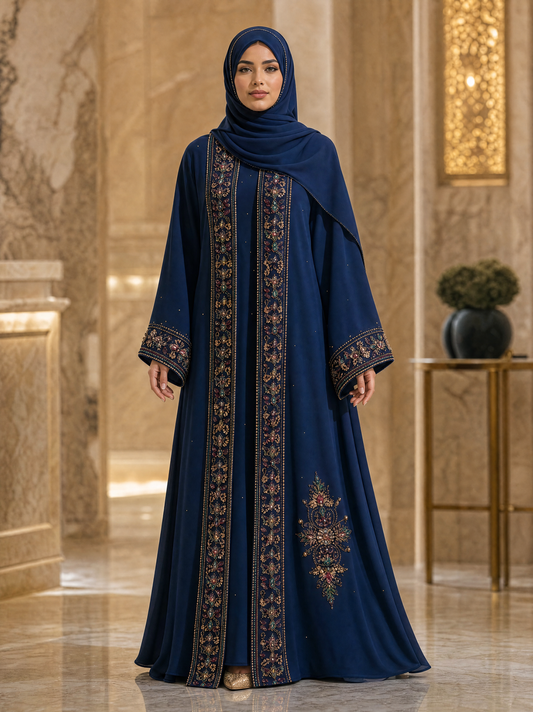 Nooraya Royal — Midnight Navy Abaya with Gold Paisley Embroidery.