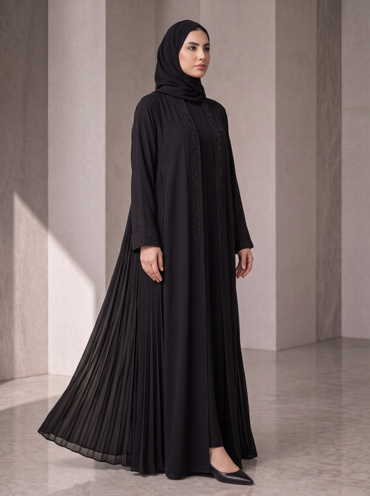 Nooraya Aria — Black Pleated Abaya with Tone-on-Tone Embroidery