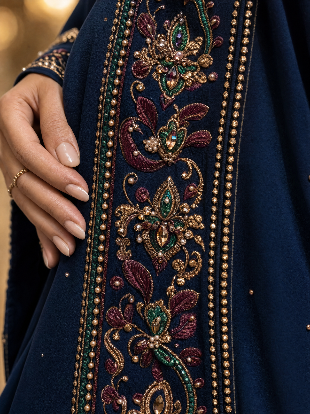 Nooraya Royal — Midnight Navy Abaya with Gold Paisley Embroidery.