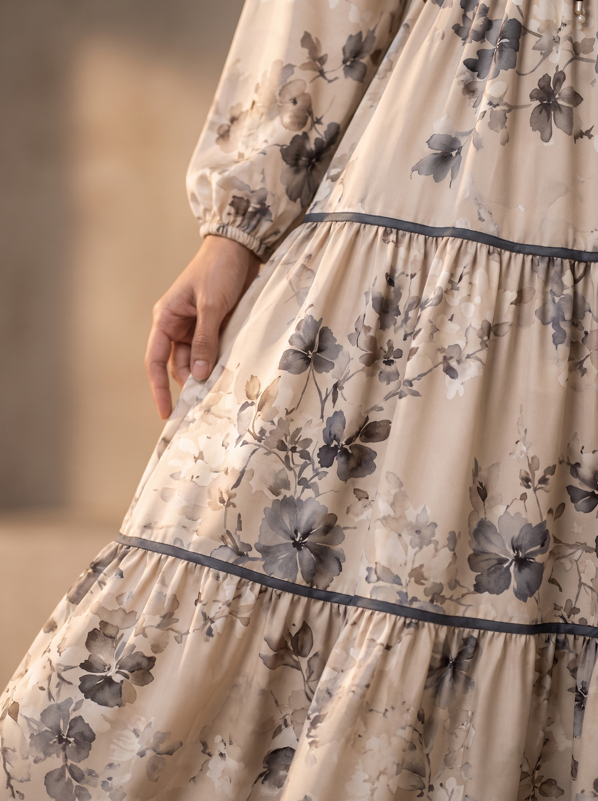 Nooraya Reverie – Beige Floral Tiered Abaya with Blue-Grey Print