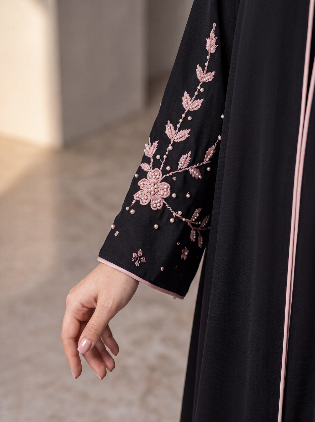 Nooraya Bloom – Black Beaded Floral Embroidery Abaya with Blush Trim