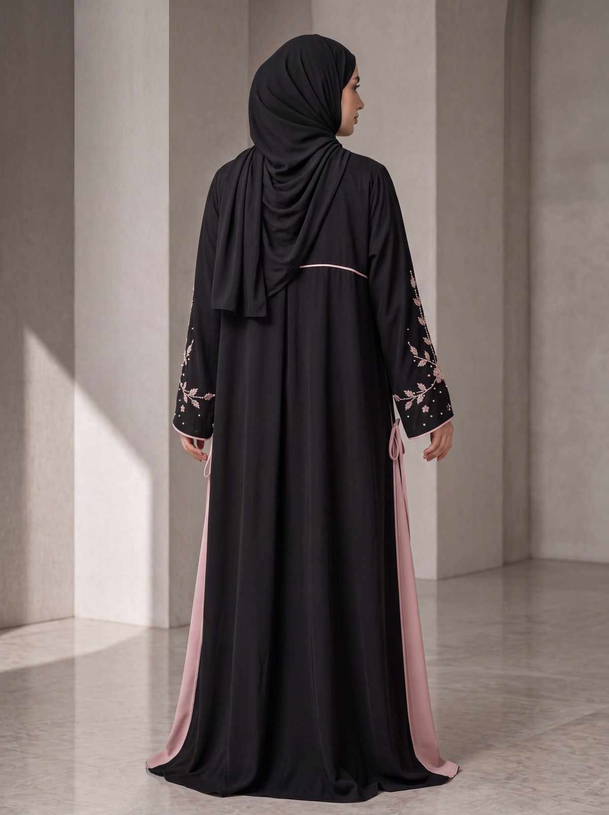 Nooraya Bloom – Black Beaded Floral Embroidery Abaya with Blush Trim