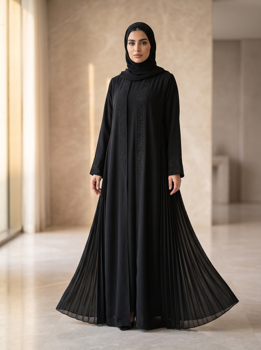 Nooraya Aria — Black Pleated Abaya with Tone-on-Tone Embroidery