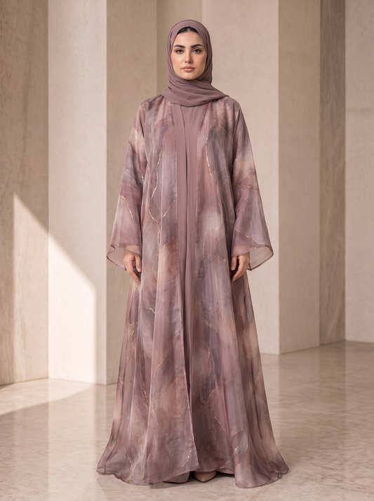 Nooraya Poesia — Mauve Marbled Organza Abaya with Gold Threadwork