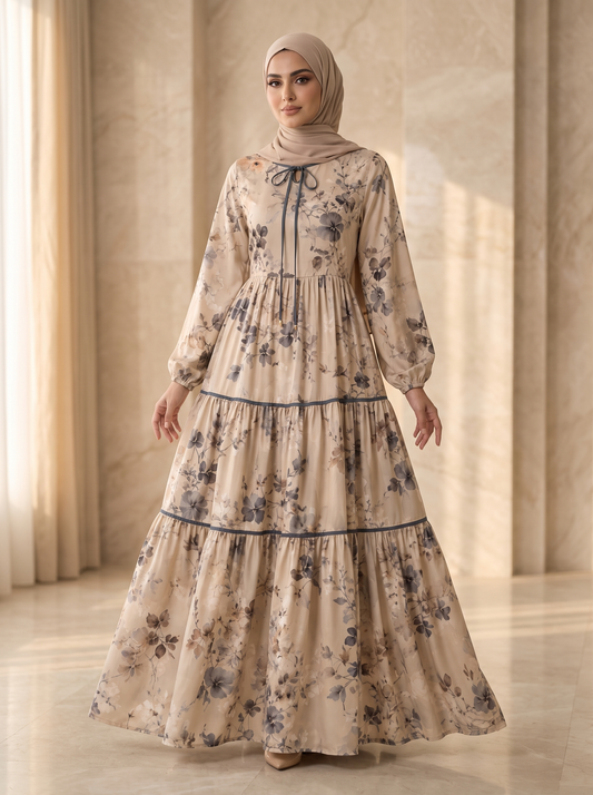 Nooraya Reverie – Beige Floral Tiered Abaya with Blue-Grey Print