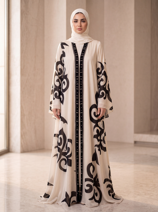 Nooraya Muse — Ivory Abaya with Bold Tribal Print