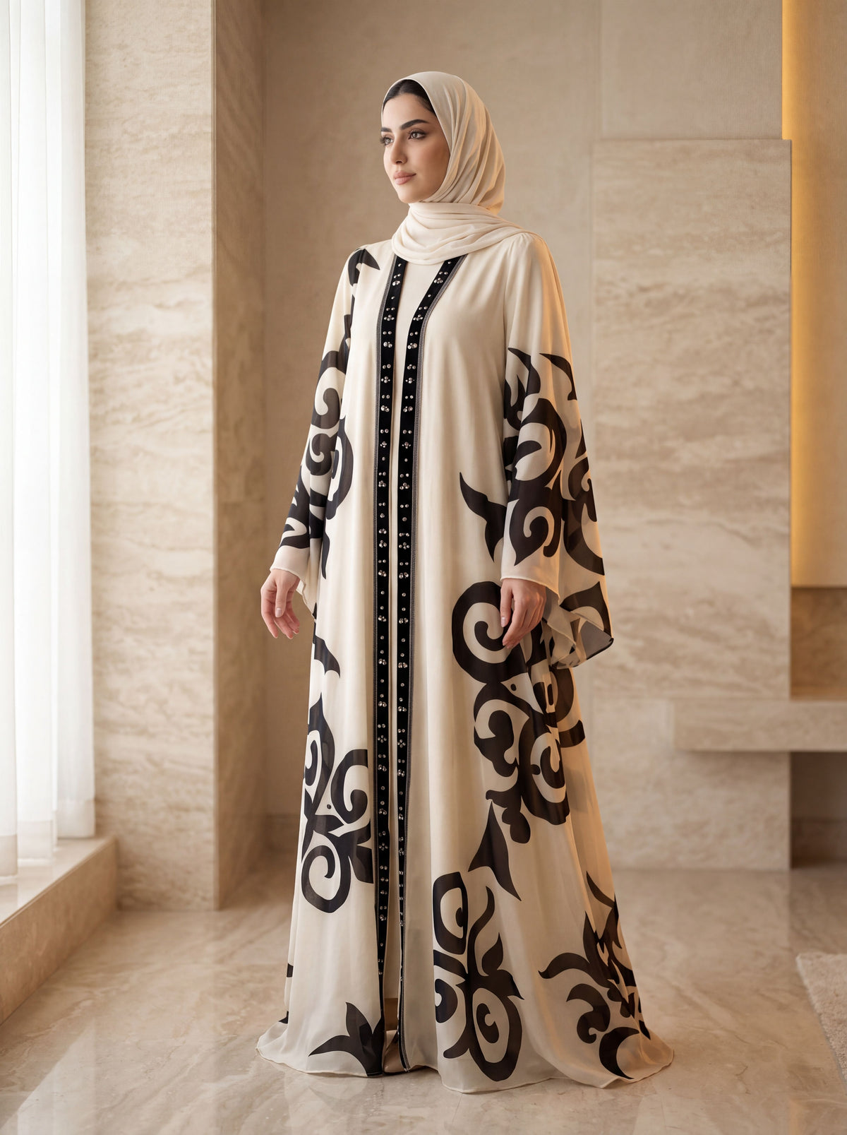 Nooraya Muse — Ivory Abaya with Bold Tribal Print