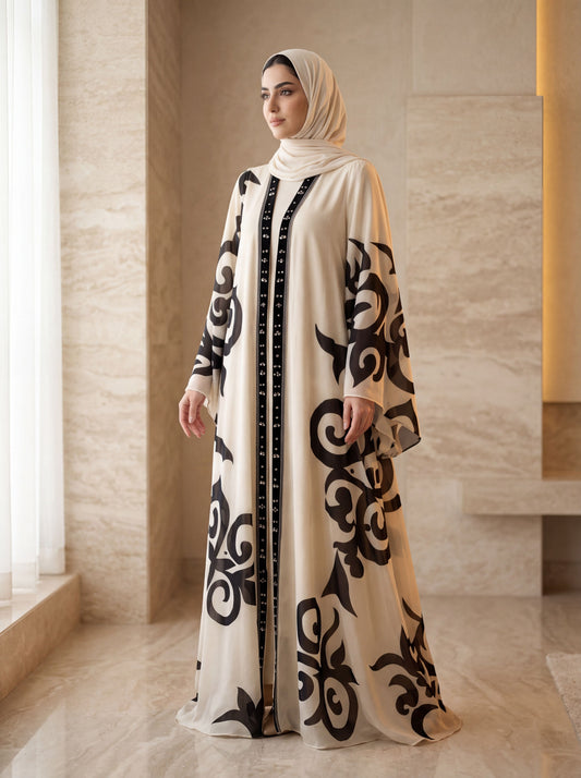 Nooraya Muse — Ivory Abaya with Bold Tribal Print
