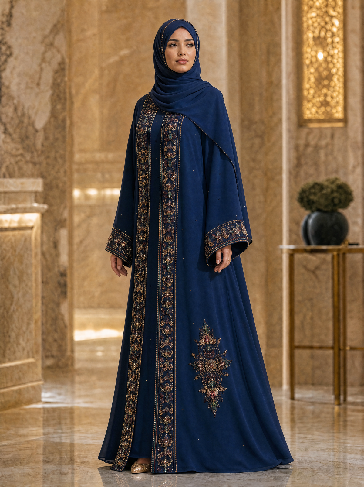 Nooraya Royal — Midnight Navy Abaya with Gold Paisley Embroidery.