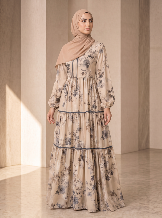 Nooraya Reverie – Beige Floral Tiered Abaya with Blue-Grey Print
