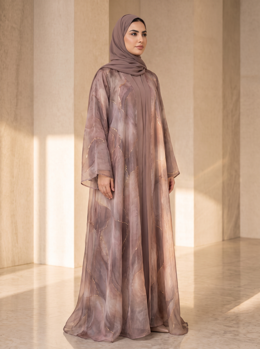 Nooraya Poesia — Mauve Marbled Organza Abaya with Gold Threadwork