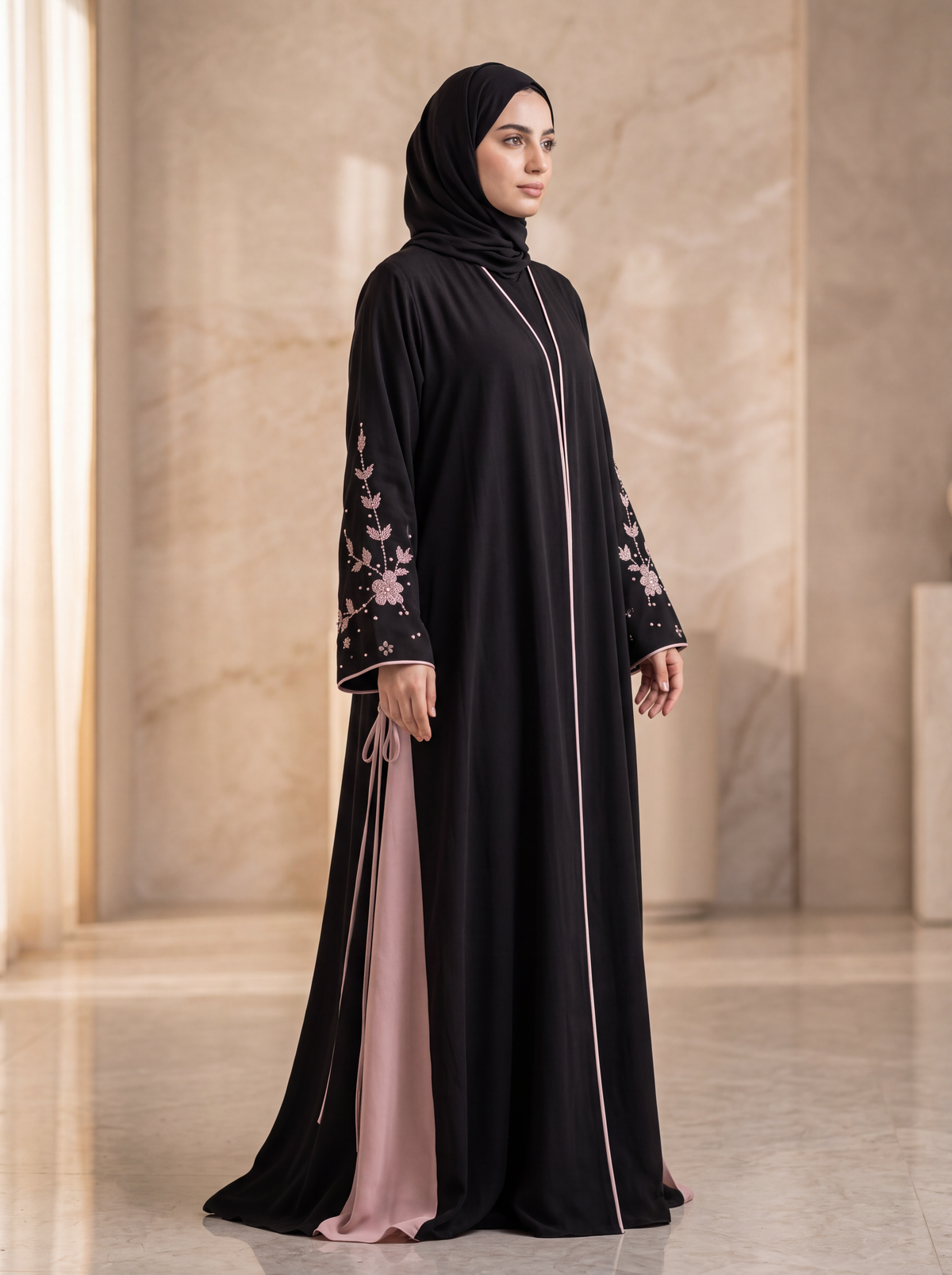 Nooraya Bloom – Black Beaded Floral Embroidery Abaya with Blush Trim