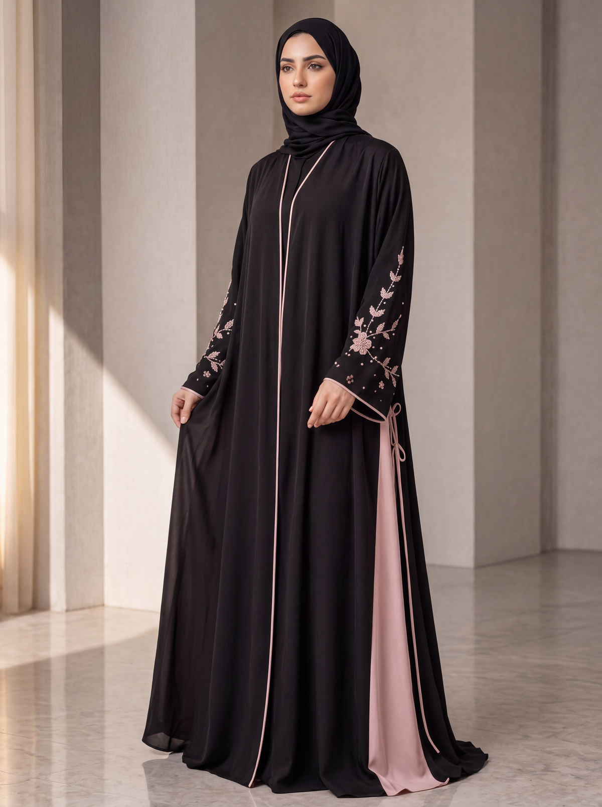Nooraya Bloom – Black Beaded Floral Embroidery Abaya with Blush Trim
